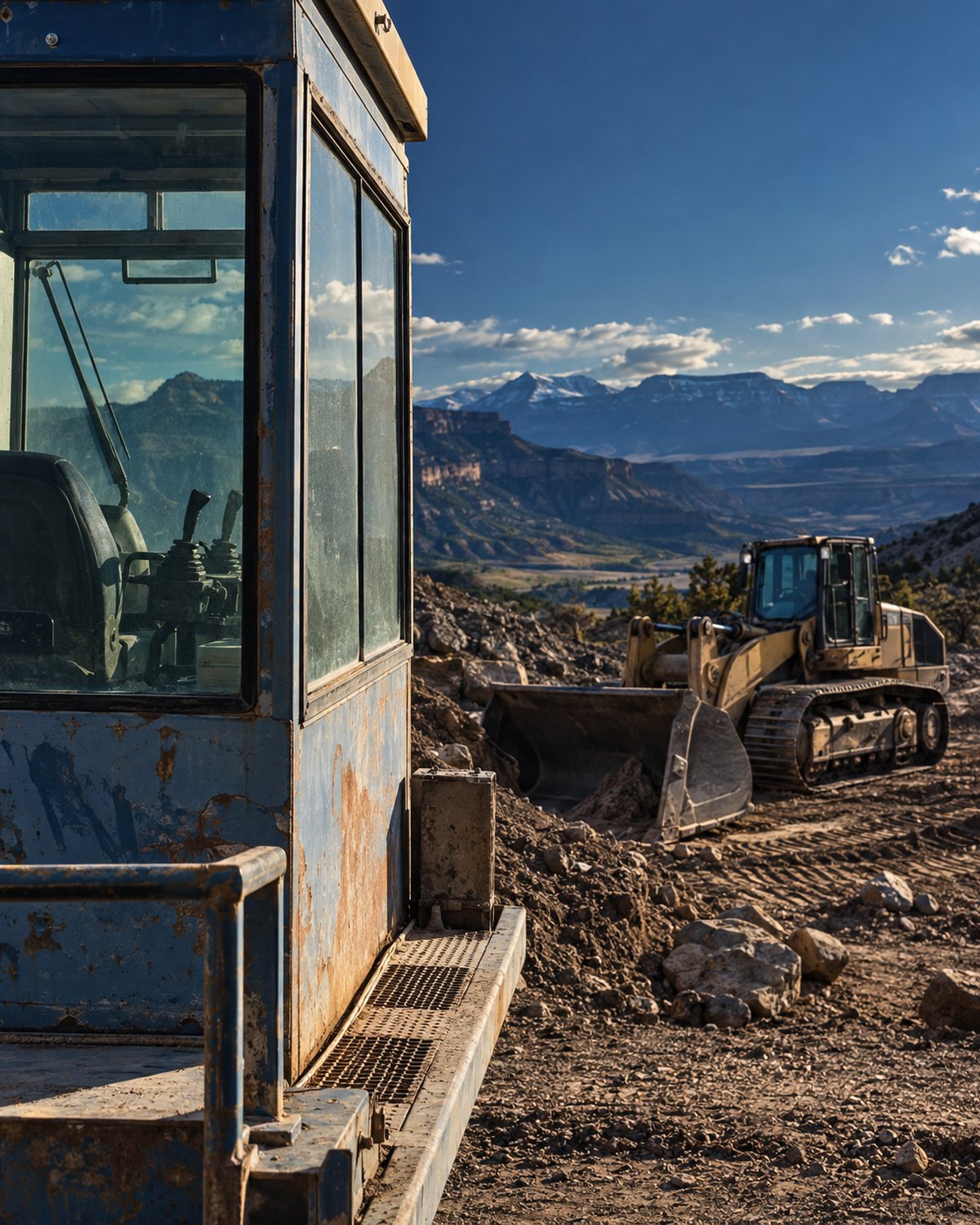 Equipment controls and tracked loader on a Western Colorado work site