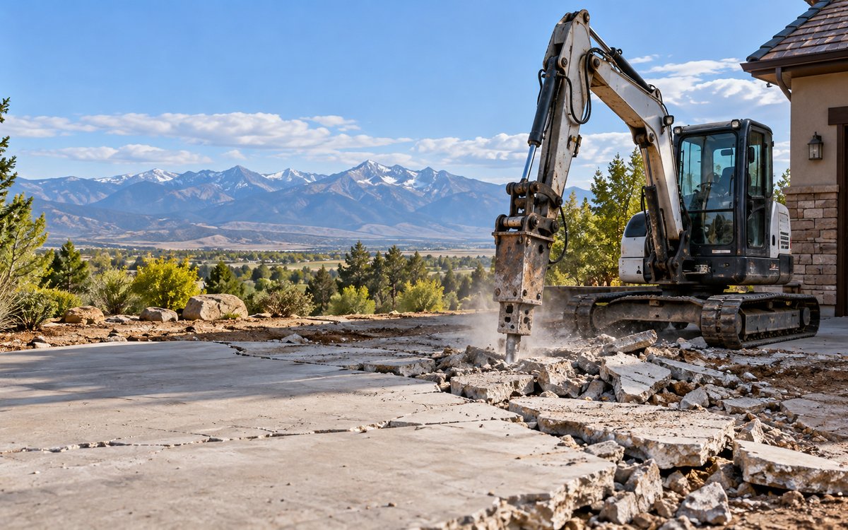 Concrete driveway demolition beside a Western Colorado home