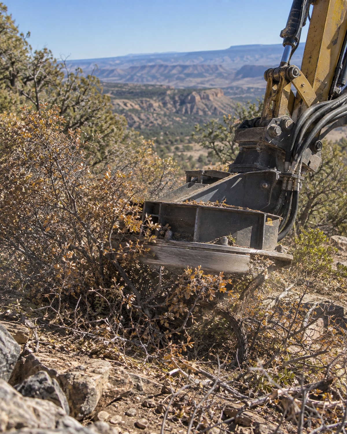 Brush cutter attachment working through dry scrub oak on a rocky slope