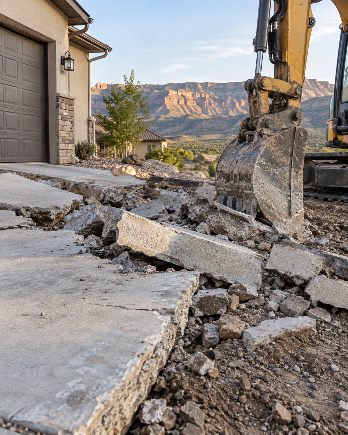 Broken driveway concrete and excavator bucket at a residential site