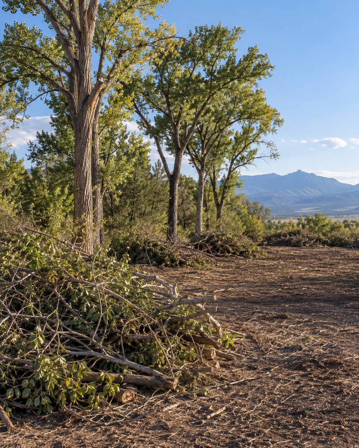 Cleared rural lot edge with retained mature trees and stacked brush